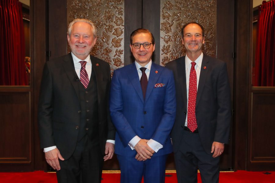 Senator Peter Harder (left) and Senator Marc Gold (right) welcome Senator Tony Loffreda (centre) to the Red Chamber on December 5, 2019. (Photo: Greg Kolz)