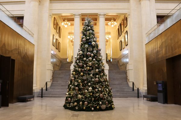 A Christmas tree stands tall in the Senate of Canada Building.